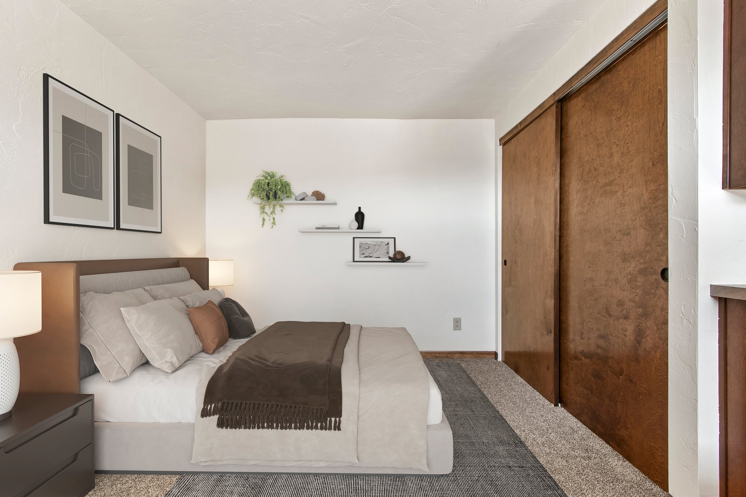 Virtually staged bedroom in a representative apartment